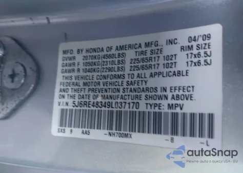 2009 Honda Cr-V Lx from USA, damaged, VIN 5J6RE48349L037170